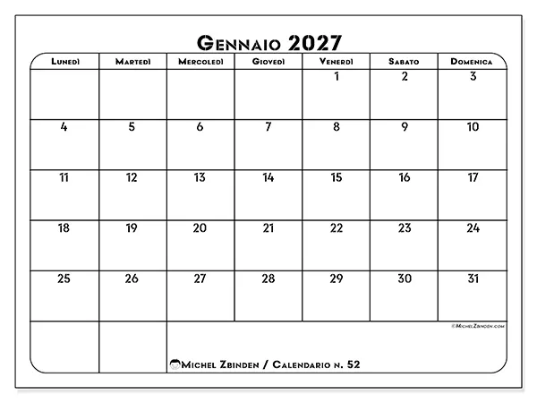 Calendario gennaio 2027 da stampare - Organizzazione professionale