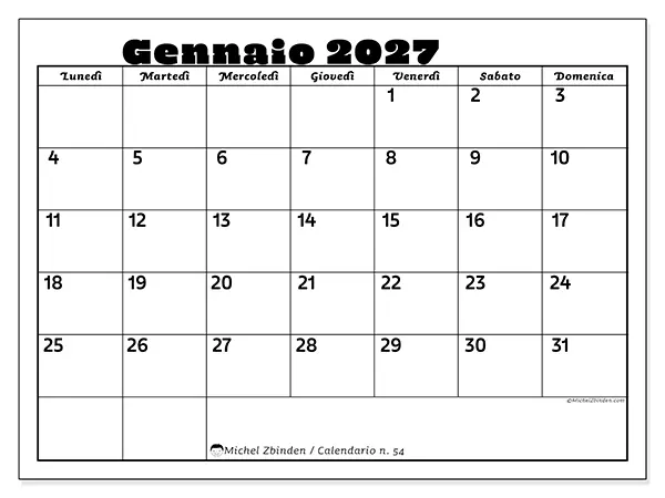 Calendario gennaio 2027 da stampare - Attività in famiglia
