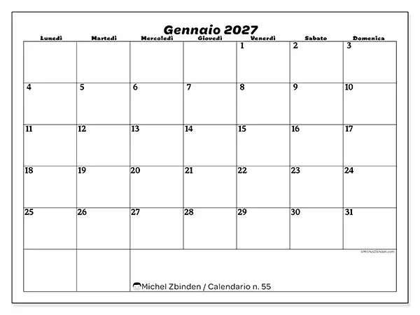 Calendario gennaio 2027 da stampare - Organizzazione del tempo libero