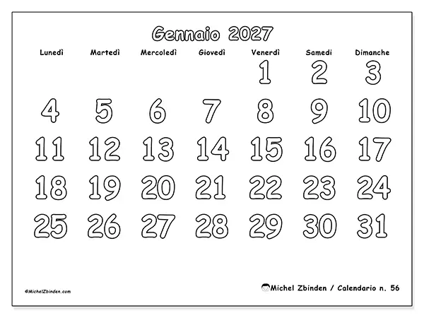 Calendario gennaio 2027 da stampare - Colorare utile