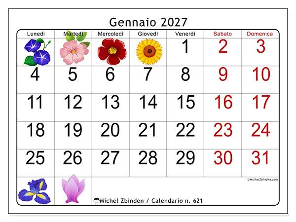 Calendario gennaio 2027 da stampare - Grandi fiori
