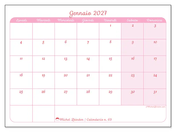 Calendario gennaio 2027 da stampare - Organizzazione delicata