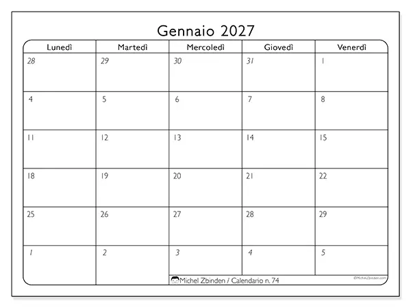 Calendario gennaio 2027 da stampare - Organizzazione del lavoro