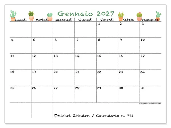 Calendario gennaio 2027 da stampare - Cactus decorativi