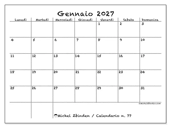 Calendario gennaio 2027 da stampare - Scuola e famiglia
