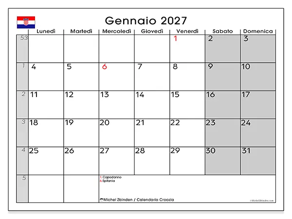 Calendario gennaio 2027 da stampare - Croazia