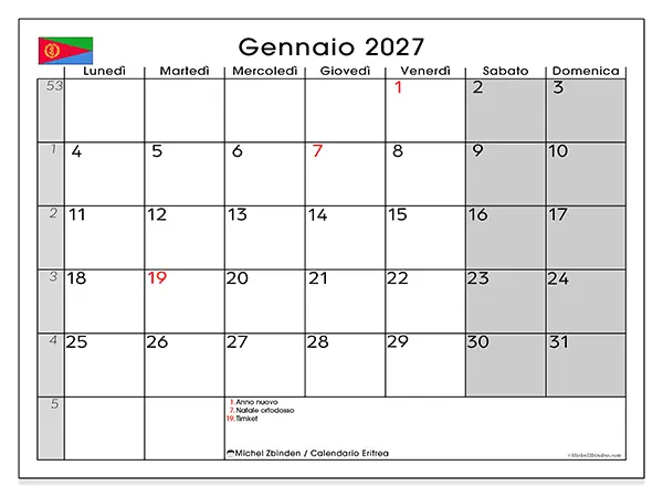Calendario gennaio 2027 da stampare - Eritrea