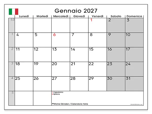 Calendario gennaio 2027 da stampare - Italia