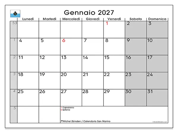 Calendario gennaio 2027 da stampare - San Marino