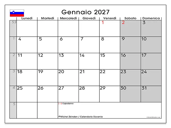 Calendario gennaio 2027 da stampare - Slovenia