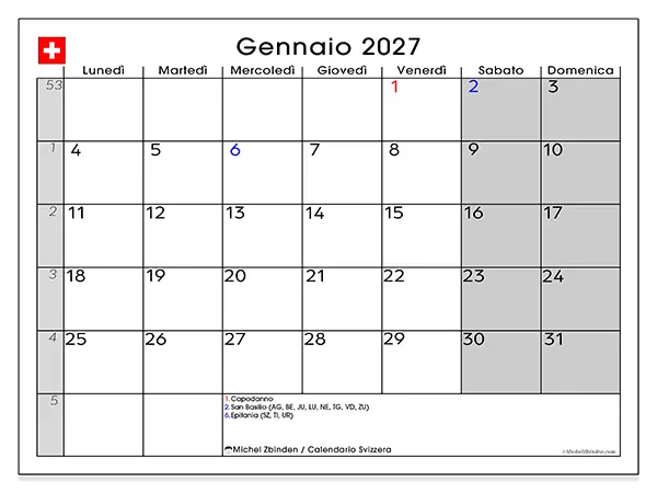 Calendario gennaio 2027 da stampare - Svizzera