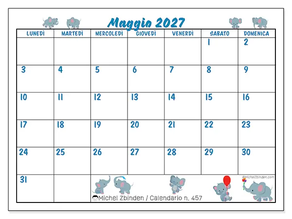 Calendario maggio 2027 da stampare - Piccoli elefanti