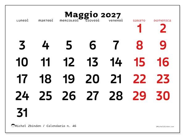 Calendario maggio 2027 da stampare - Visione chiara