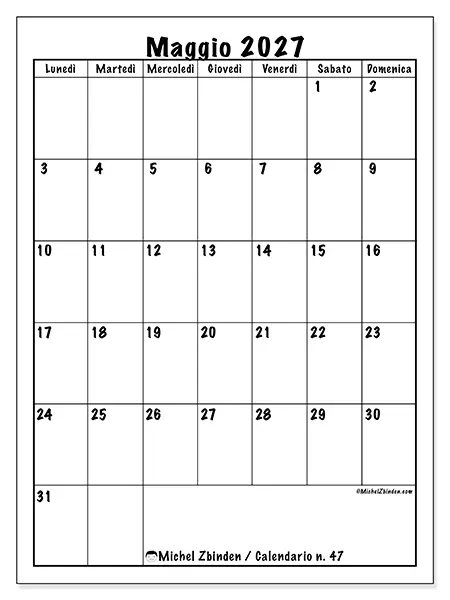 Calendario maggio 2027 da stampare - Pianificazione efficiente