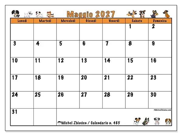 Calendario maggio 2027 da stampare - Cani entusiasti
