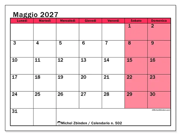 Calendario maggio 2027 da stampare - Gestione luminosa