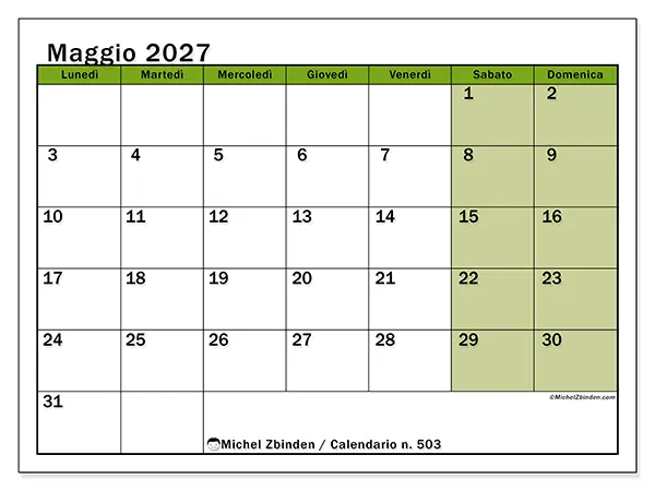 Calendario maggio 2027 da stampare - Organizzazione vivace