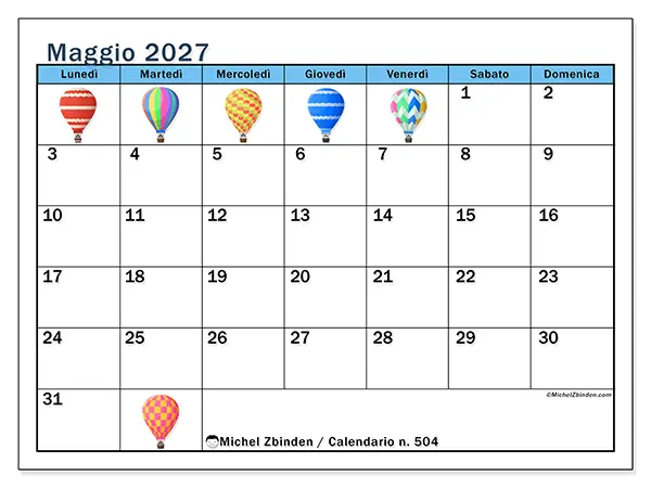 Calendario maggio 2027 da stampare - Mongolfiere