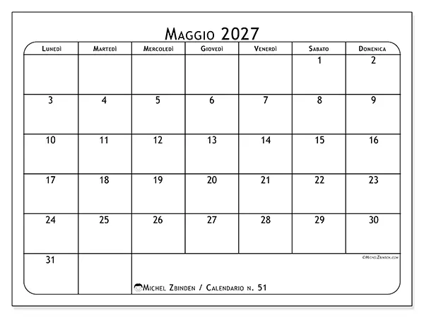 Calendario maggio 2027 da stampare - Pianificatore dei pasti