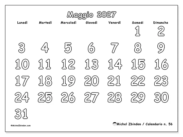 Calendario maggio 2027 da stampare - Colorare utile