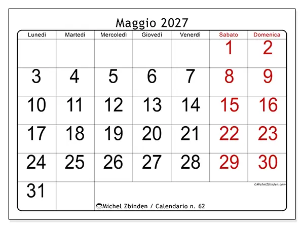 Calendario maggio 2027 da stampare - Lettura rapida