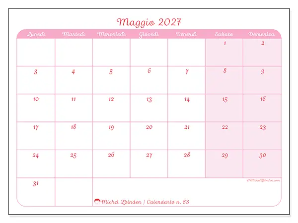 Calendario maggio 2027 da stampare - Organizzazione delicata