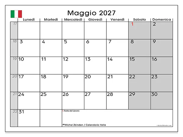Calendario maggio 2027 da stampare - Italia