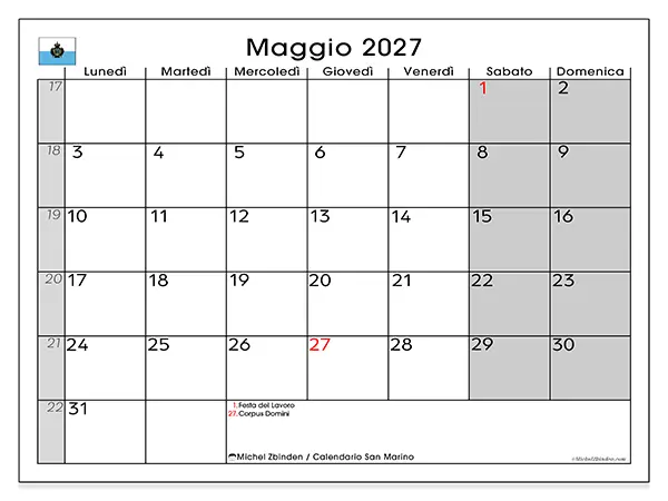 Calendario maggio 2027 da stampare - San Marino