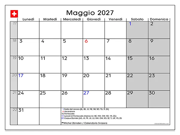 Calendario maggio 2027 da stampare - Svizzera