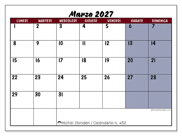 Calendario marzo 2027 da stampare - Produttività a colori