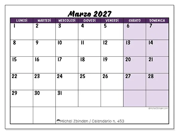 Calendario marzo 2027 da stampare - Efficienza colorata