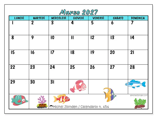 Calendario marzo 2027 da stampare - Pesci colorati