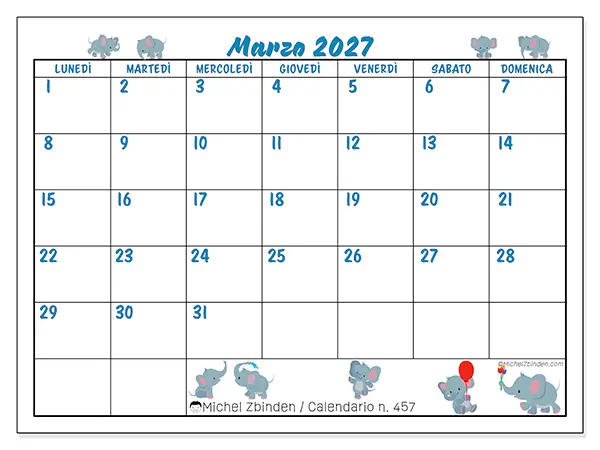 Calendario marzo 2027 da stampare - Piccoli elefanti