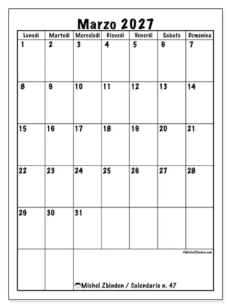 Calendario marzo 2027 da stampare - Pianificazione efficiente