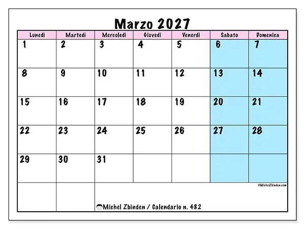 Calendario marzo 2027 da stampare - Orario di squadra