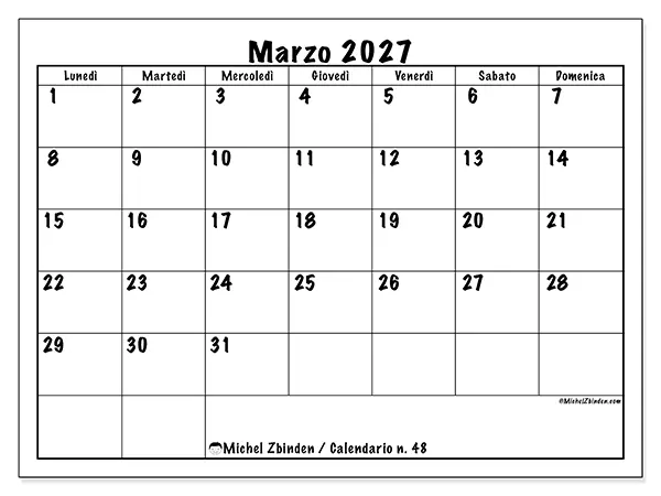 Calendario marzo 2027 da stampare - Efficienza quotidiana