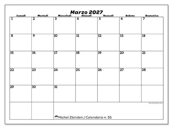 Calendario marzo 2027 da stampare - Organizzazione del tempo libero
