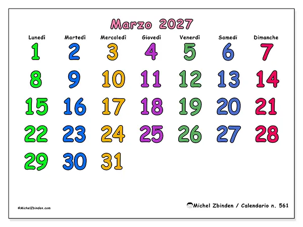 Calendario marzo 2027 da stampare - Momenti creativi