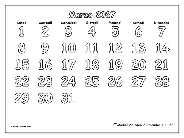 Calendario marzo 2027 da stampare - Colorare utile