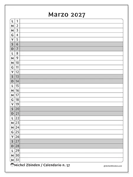 Calendario marzo 2027 da stampare - Lista delle attività