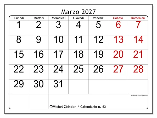 Calendario marzo 2027 da stampare - Lettura rapida
