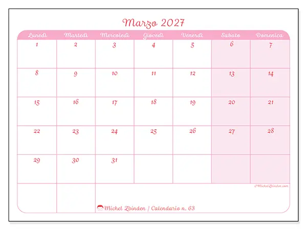 Calendario marzo 2027 da stampare - Organizzazione delicata