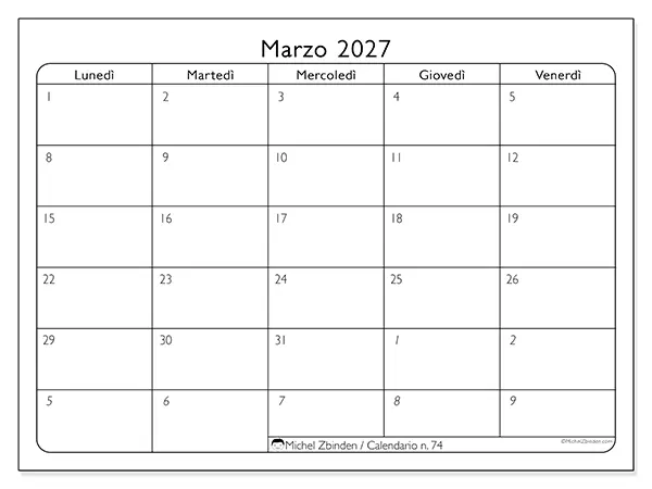 Calendario marzo 2027 da stampare - Organizzazione del lavoro