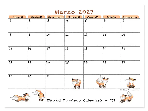 Calendario marzo 2027 da stampare - Disegni di volpi