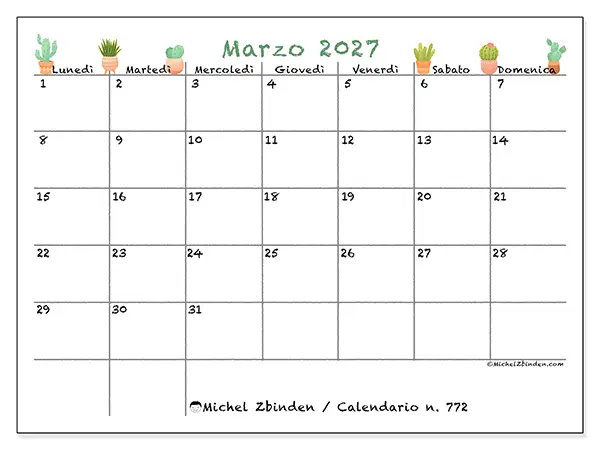 Calendario marzo 2027 da stampare - Cactus decorativi