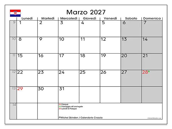 Calendario marzo 2027 da stampare - Croazia