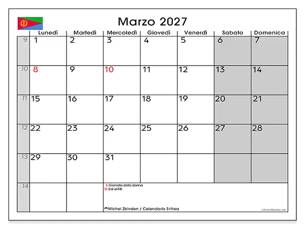 Calendario marzo 2027 da stampare - Eritrea