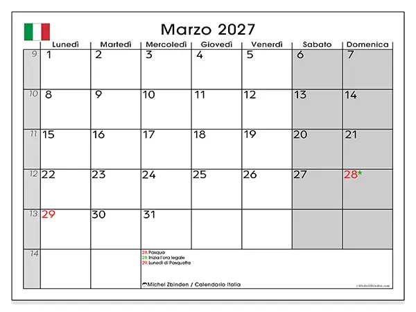 Calendario marzo 2027 da stampare - Italia