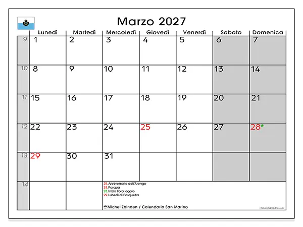 Calendario marzo 2027 da stampare - San Marino