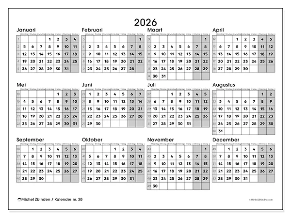 Jaarkalender om af te drukken